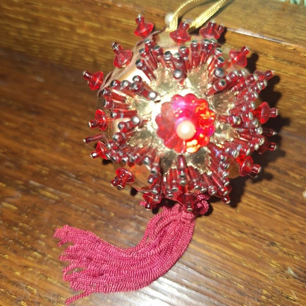Beaded Satin Sequin Push Pin Ornament Red Ball White Blue Egg Vintage Christmas